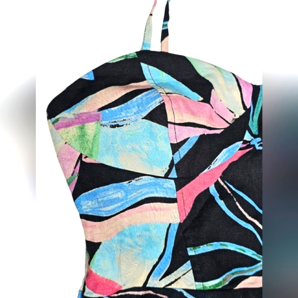 🆕️Zara Linen Floral Tropical Black & Pink Corset Faux Wrap Summer Dress - Picture 4 of 14